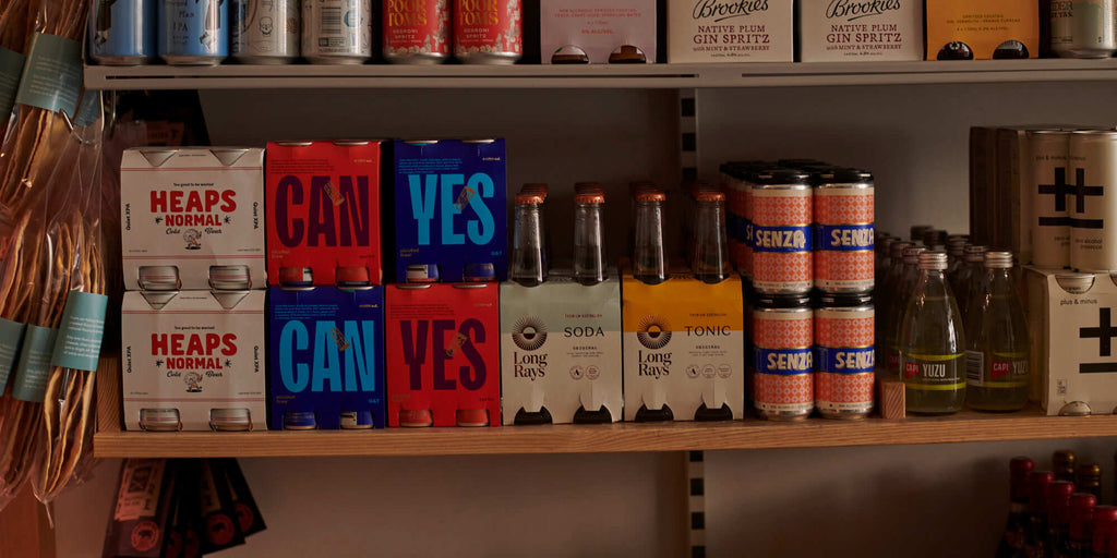 A selection of non-alcoholic beverages on the shelves at Meatsmith Fitzroy.