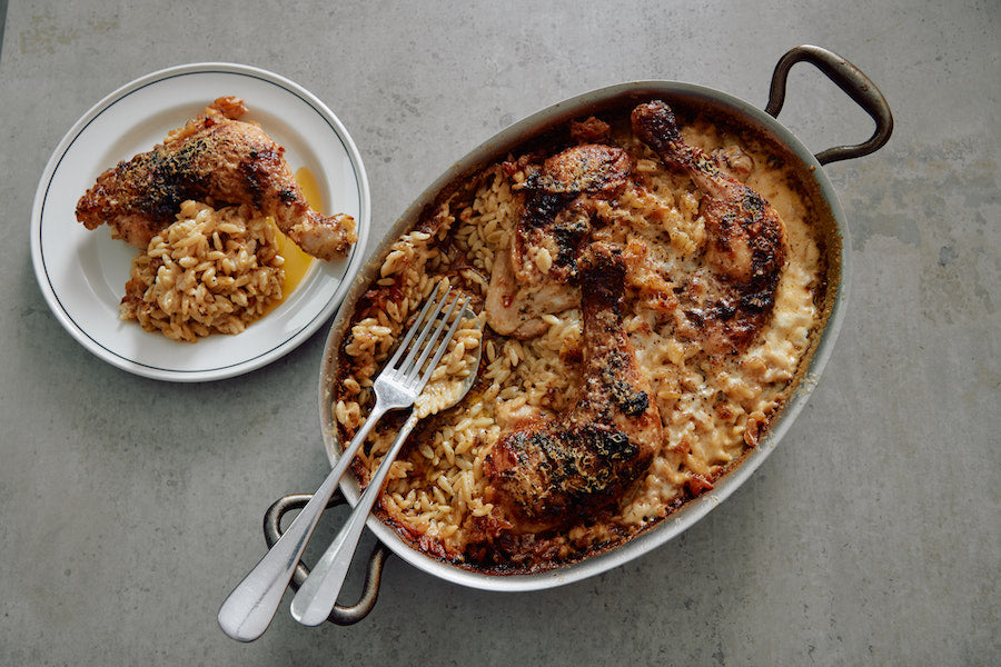 Tuscan chicken Marylands with cream and orzo