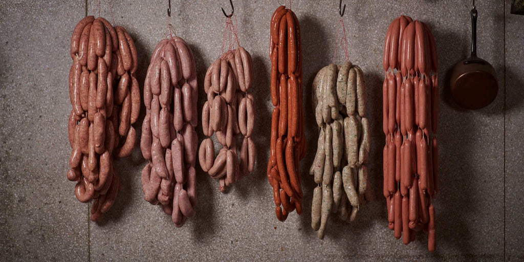 Meatsmith-made sausages hung in links.