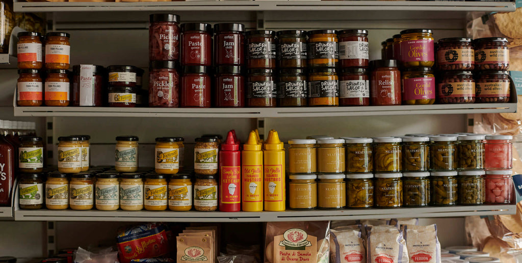 A selection of locally made condiments sitting on the Meatsmith Fitzroy shelves.
