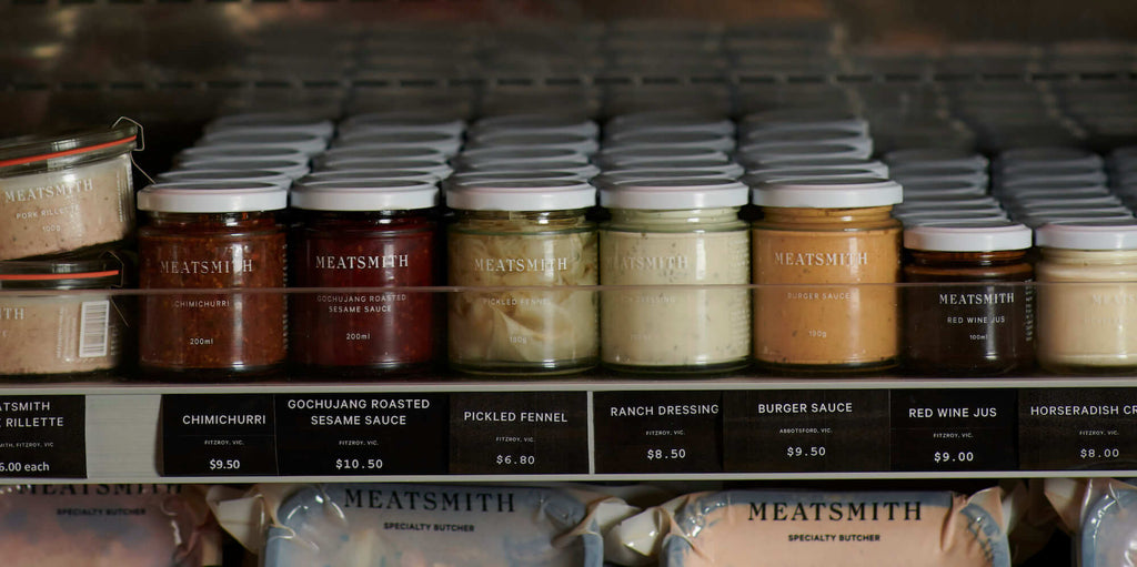 A selection of Meatsmith-made condiments in the fridge.